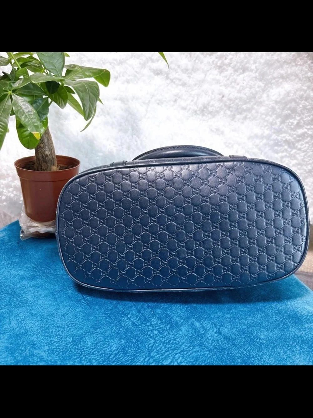 Gucci Navy Embossed GG Dome Satchel with Gold Hardware